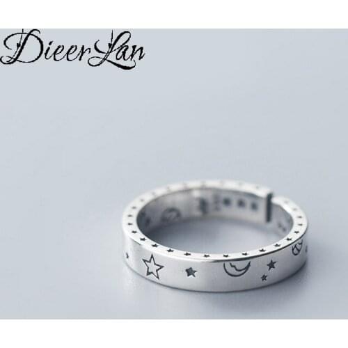 Bohemian Vintage 925 Sterling Silver Moon Star Rings For Women Gifts Girls Open Retro Antique Rings Wedding Jewelry