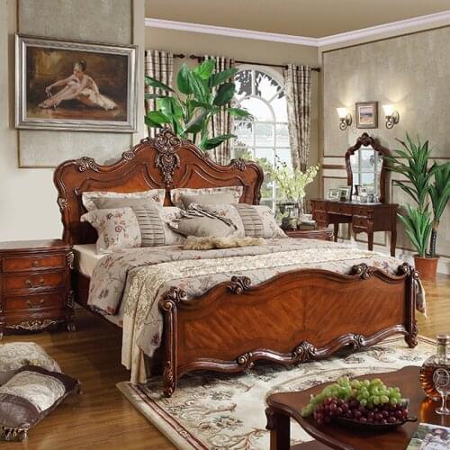 American style solid wood bed 1.8m double bed master bedroom European style big bed bedroom furniture carved furniture