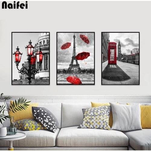 Black and White Tower Red Umbrella Diamond Paintings Paris Street Triptych Decorative Picture for Living Home Diamond Embroidery