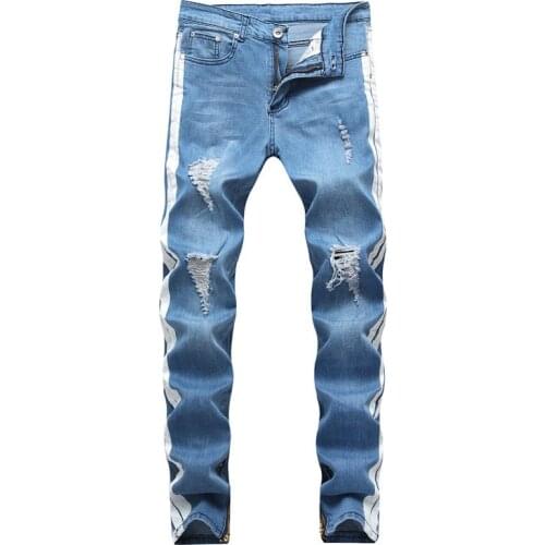 European and American high-street ripped jeans national trend mens stretch slim fit pants light blue korean fashion clothing