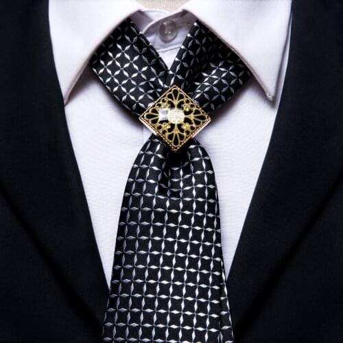 Hi-Tie Luxury Gold Ring Black Mens Tie Set Plaid Silk Ties For Men Fashion Design Hanky Cufflinks Set Wedding Quality Necktie