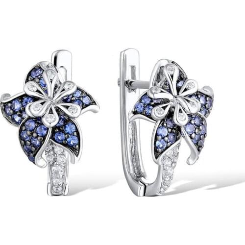 Exquisite Silver Plated Datura Flowers Stud Earrings for Women Vintage Blue Zircon Floral Hoop Earrings Party Jewelry Gifts