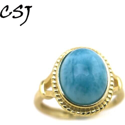 CSJ Natural Dominica Larimar Ring 925 Sterling Silver Oval Cut 8x10mm for Women Wedding Party Jewelry Gift