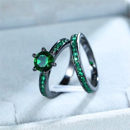 Charm Female Green Round Ring Set Vintage Black Gold Bridal Wedding Rings For Women Promise Love Solitaire Engagement Ring