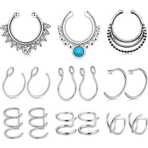 Ear Cuff Ear Clips Non Piercing Cartilage Earrings Fake Nose Lip Suptum Ring Set for Men Women, Faux Body Piercing