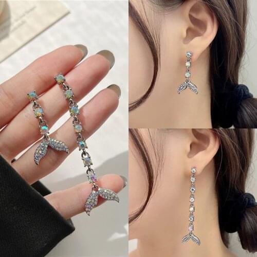 Korean Cute Rhinestone Mermaid Dolphin Fish Tail Fin Asymmetrical Pendent Drop Earrings for Women Girls Ear Jewelry 2021 Trend