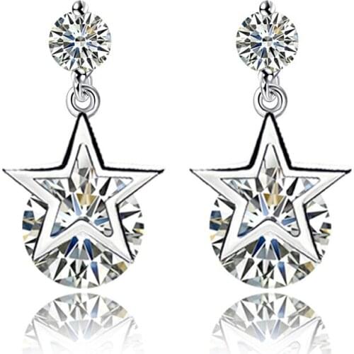 925 sterling silver fashion star shiny crystal ladies`stud earrings women jewelry female birthday gift wholesale drop shipping