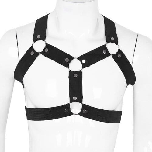 Men Hot Sexy Body Chest Elastic Harness Belts Metal O-rings Studs Muscle Straps Crop Tops Male Gay Clubwear Bondage Costume