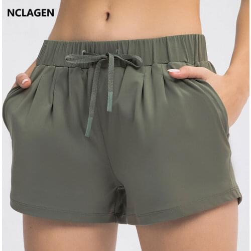 NCLAGEN 2021 Running Shorts Women with Two Side Pocket Waist Drawstring Gym Casual Shorts Loose Elastic Workout Yoga bottoms