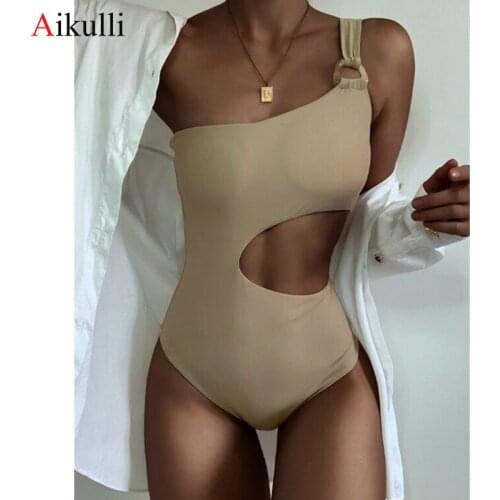 New One Piece Swimsuits Women 2021Sexy One Shoulder Swimwear Summer Solid Brazilian Bathing Suits Beach Female Monokini Swimming