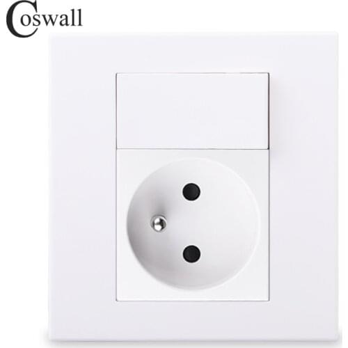 Coswall PC Panel French Standard Wall Socket + 16A 1 Gang 1 Way On / Off Rocker Light Switch White Color Modular 86*86mm