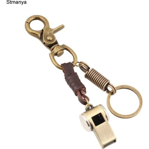 Retro Punk Style Whistle Pendant Key Alloy Bronze mini Whistle Key Leather Car Key Chain Keyring Ring For Men Women Gifts 17368