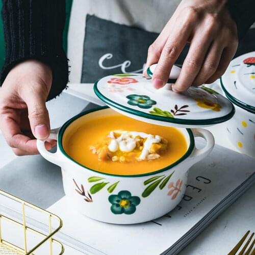 Northern European household ceramic soup rice noodles salad bowl with lid Jpanese handpainted flower tableware with coverd bowl