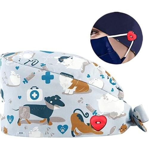 Women Men Doctor Nurse Scrub Cap with Heart Button Mask Holder Cartoon Floral Working Adjustable Tie Back Bouffant Cap