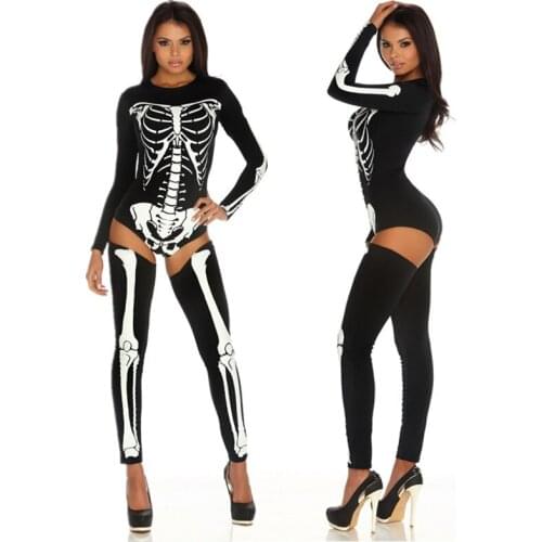 Scary Zombie Costume Skeleton Skull Bodysuit Suit Carnival Party Dress Up Halloween Costume for Adult Women