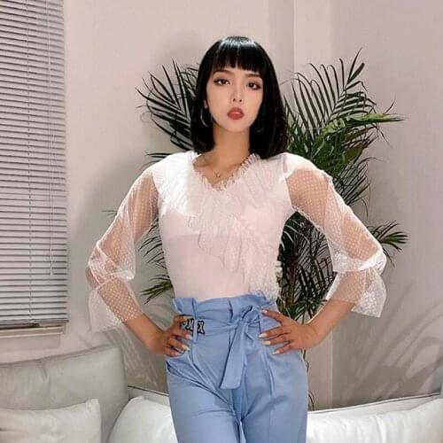 Adult Latin Dance Tops Mesh Puff Sleeve Rumab Salsa Ballroom Dancing Performance Costume Women ChaCha Tango Practice Wear YS2305