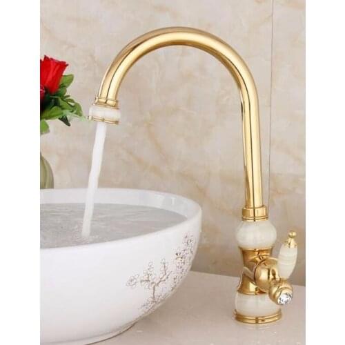 Vidric Fashion luxury high quality solid brass and natural jade construction hot and cold gold finish basin faucet bathroom sink