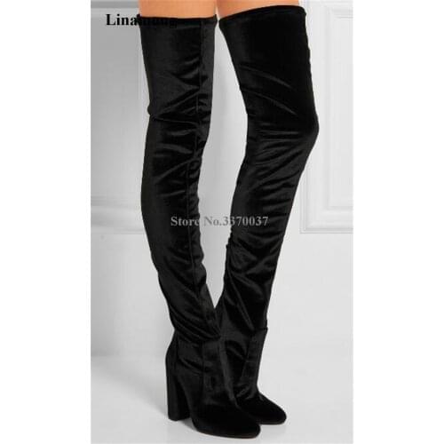High Quality Women Fashion Velvet Over Knee Chunky Heel Boots Blue Black Bandage Slim Long Thick High Heel Boots Club Shoes