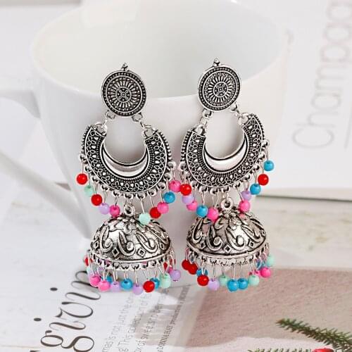 Womens Retro Tassel Indian Earrings Ethnic Ladies Gold Bell Multicolor Beads Tassel Hollow Jhumka Earrings Gypsy Jewelry