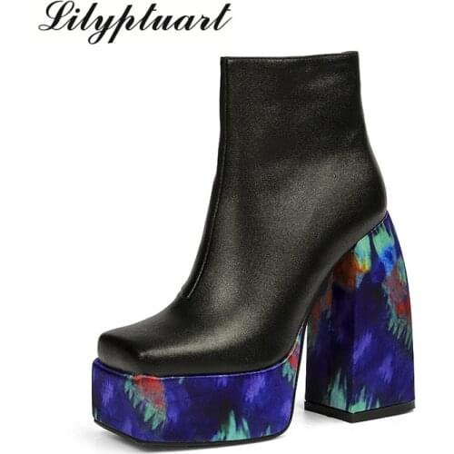 Brand Designer Autumn Winter Boots Genuine Cow Leather Shoes Woman Ankle Boots Black Thick High Heels Platform Snow Boots Woman