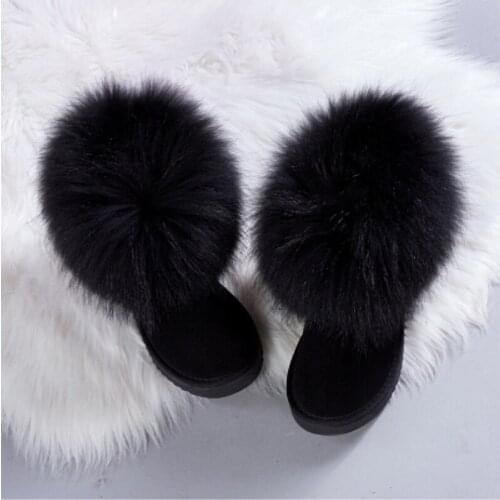 Natural Black Fox Fur Snow Boots Waterproof Cowskin Boots Ankle Boots Real Fur Genuine Leather Women Flat Shoes