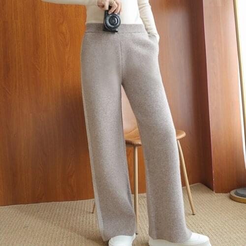 Women Pants New Autumn Soft Waxy Comfortable High-Waist Cashmere Knitted Trousers Female 100% Wool Casual Wide Leg Pants Winter