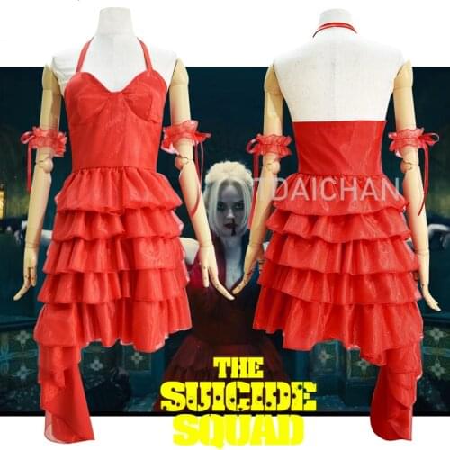 NEW Female Clown Harley Harleen Quinzel Red Dress Cosplay Costume Braces Skirt Woman Joker Halloween Christmas Gift Costumes