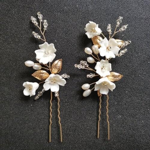 SLBRIDAL Handmade Alloy Leaf Ceram Flower Freshwater Pearls Bridal Hair Pin Wedding Hair Sticker Women Jewelry Hair Accessories