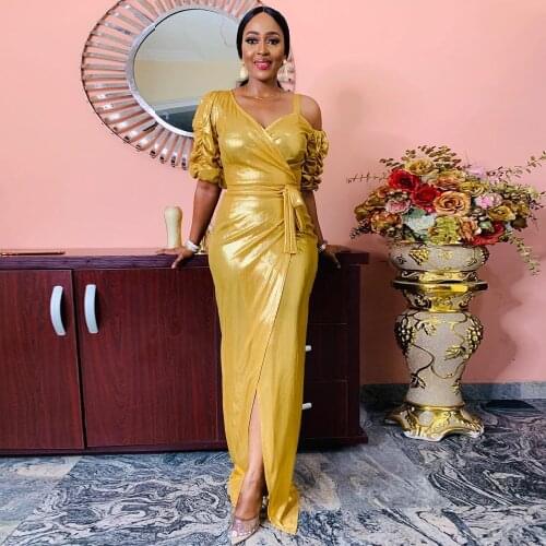 Tilapia New 2021 Women Golden Maxi Long Gorgerous Dress Irregular Design Split Party Gown