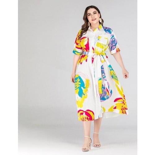 Colorful Print Elegant Shirt Dress Women 2021 Fashion Summer Short Sleeve Casual Dress Plus Size Maxi Long Dresses