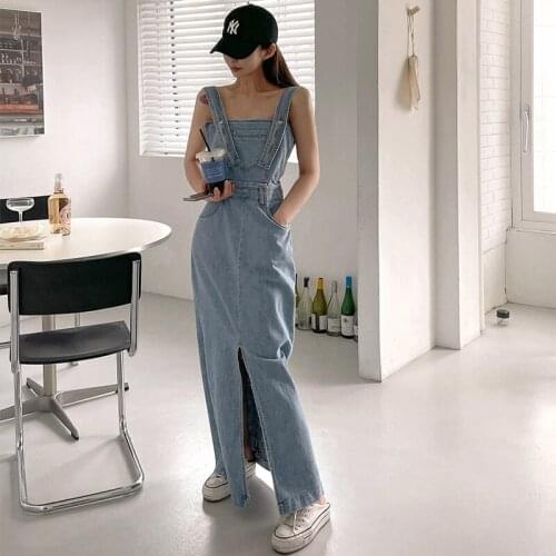 Johnature New Korean Backless Denim Dresses Women 2021 Summer Sleeveless Casual Loose Square Collar Female Dress