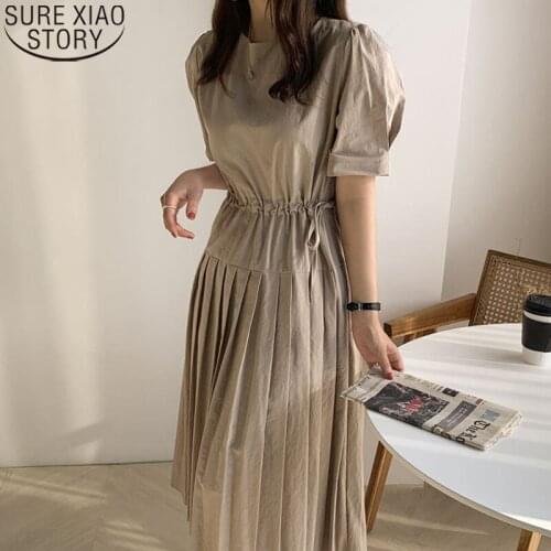 Womens Summer Sweet Women Lace Up Solid Dress Chic 2021 Plus Waist-Controlled Vintage Round Collar Thin Midi Long Dresses 10434