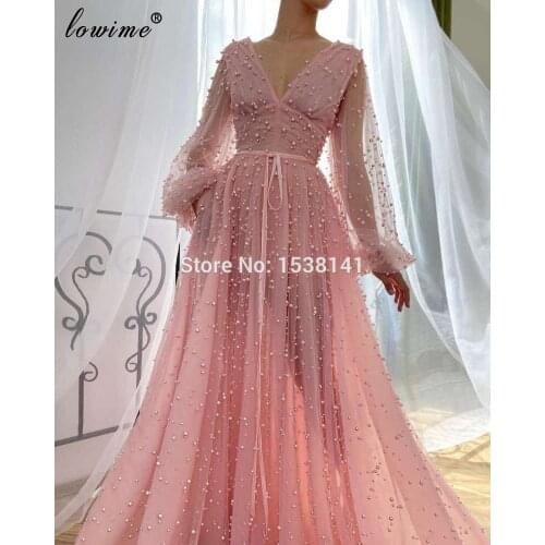 Elegant Pink Muslim Prom Dresses Women Party Night V-Neck Sexy Formal Celebrity Dresses Arabic Red Carpet Dresses Wedding Party