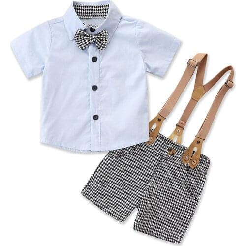 2 Pcs Infant Houndstooth Print Outfits Baby Boy Button Down Short Sleeve Lapel Bowknot Shirt + Suspender Pants with Pocket 6M-4T