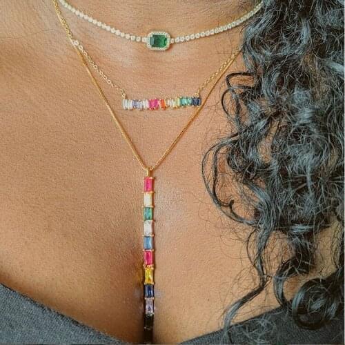 2020 gorgeous stunning luxury women girl multi layer chain gold color baguette rainbow cz bar geometric choker fashion necklaces