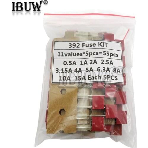 55PCS/Set Square Plastic Fuse Assortment Kit 392 0.5A 1A 2A 2.5A 3.15A 4A 5A 6.3A 8A 10A 15A 250V Fuses Slow Blow Tube Fuse set
