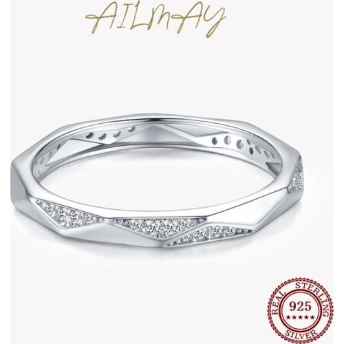 Ailmay Real 925 Sterling Silver Geometric Design Minimalist Rings Clear Zircon For Women Girls Anti-allergy Fine Jewelry Gifts