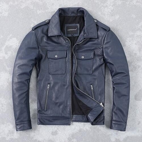 Free shipping.2021 new fashion new cheap blue cowhide jacket.men short slim genuine leather coat.father casual leather cloth