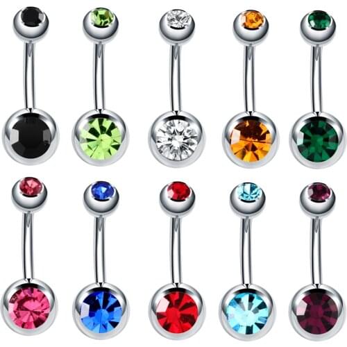 Lot 1Piece 316l Surgical Steel Double CZ Gem Belly Button Rings Colorful Gem Navel Bar Piercing Fashion Charming Jewelry 14g