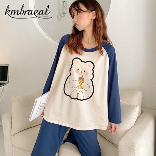 Korean Pajamas Women New Autumn Cute Cartoon Print Pyjamas Girls Kawaii Bear Pijama Plus Size Sleepwear Sets 2 Piece Home Suit
