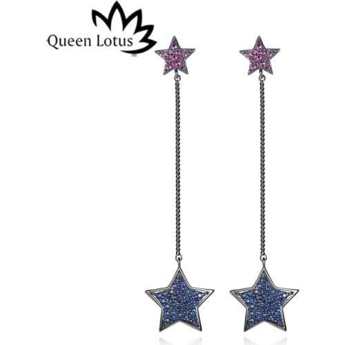 Queen Lotus Korean Star Earrings High Grade Cubic Zircon Dangle Earrings Jewelry Blue/red Crystal Long Earrings Birthday gift