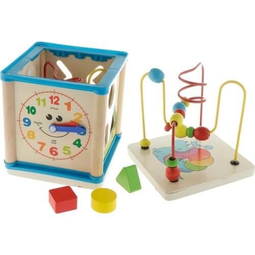 Activity Cube. Wood Shape & Color Sorter, Bead Maze & Gear Game and Block Track, Kids Toddlers Developmental Toy