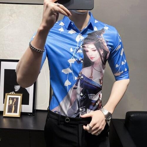 Fashion Men Beauty printed Shirt Men Slim Fit Autumn New Half Sleeve Shirts Men All Match Digital Blouse Men Clothing Harajuku