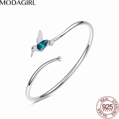 MODAGIRL Luxury Animal Jewelry 925 Sterling Silver Green Crystal Hummingbird Bangle with Zircon for Mothers Day Gift