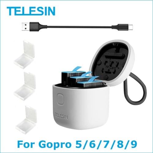 TELESIN 3Pack Battery For GoPro 9 8 7 Black 3 Slots LED Light Charger Box TF Card Reader Storage For GoPro Hero 5 6 7 8 9 Black