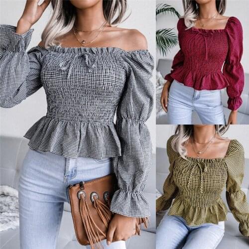 Womens Blouses Plaid Print Shirts Shrinkage Ruffles Slash Neck Flare Sleeve Blouse Women Clothing 2021 Casual Blusas Femme Tops