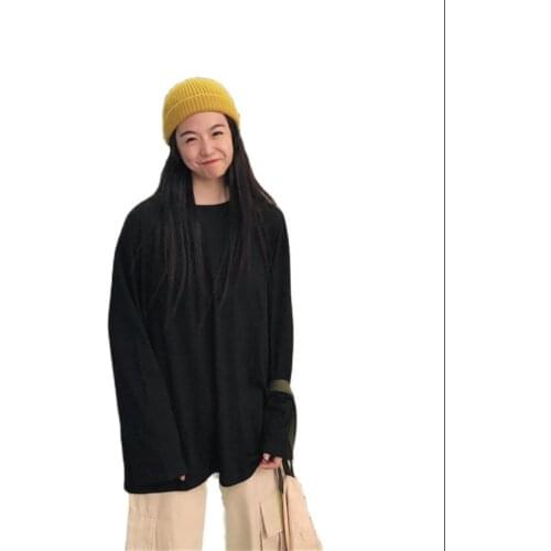 Black Cotton Long Sleeve Top Womens Solid Oversized Loose Plain Cotton T-Shirt Baggy Crew Neck Long Sleeve Top