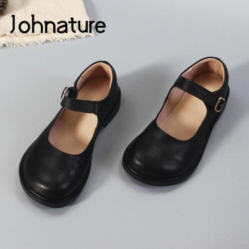 Johnature Spring/Autumn Pumps Women Shoes 2021 New Retro Genuine Leather Buckle Strap Platform Heels Handmade Ladies Shoes