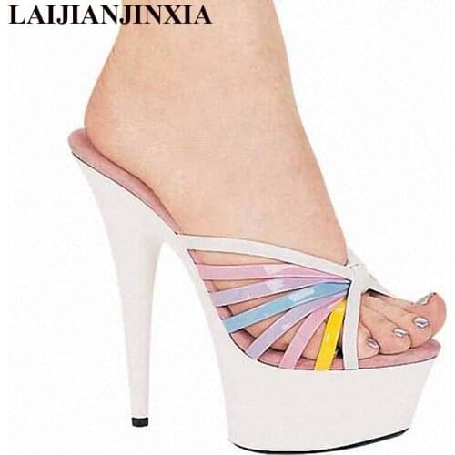 LAIJIANJINXIA 2018 New 15 CM High Heels Slippers Club Night Shoes Sexy Pole Dancing Platform Womens Shoes Party Wedding Shoes
