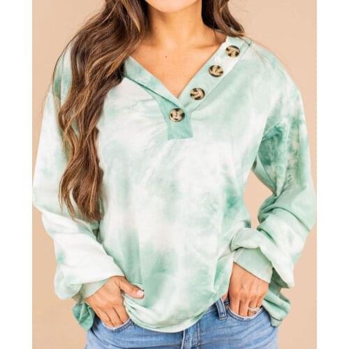 2021 New Puls Size Tie Dye Sweatshirt Women Casual Printed V Neck Button Long Sleeve Pulloves Streetwear Women Tenis Masculino